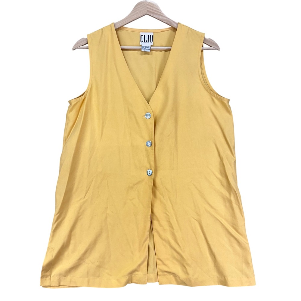 Vintage Y2K Clio Silk Vest‎ Blouse Womens S Yellow Oversized Button Front